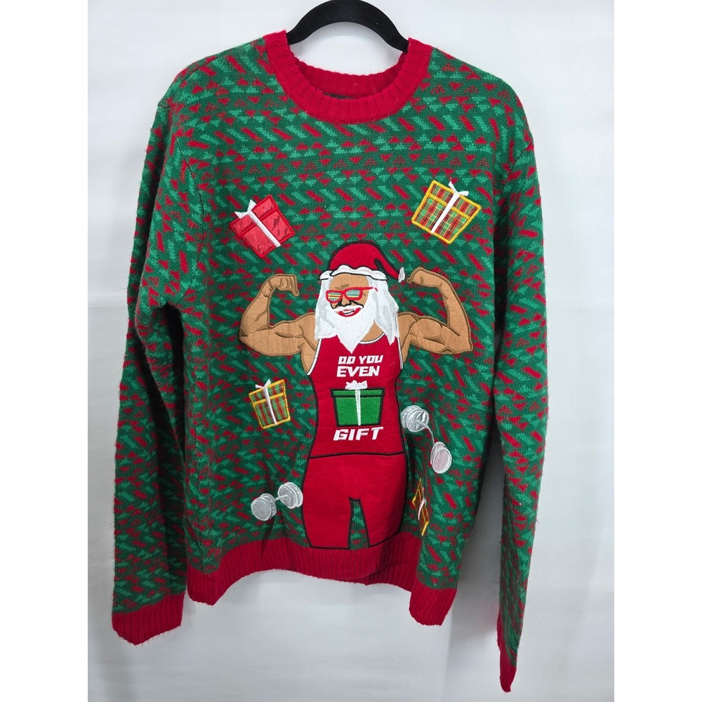 Blizzard Bay Mens Do You Even Gift Buff Santa Ugly Christmas Sweater Green Red L